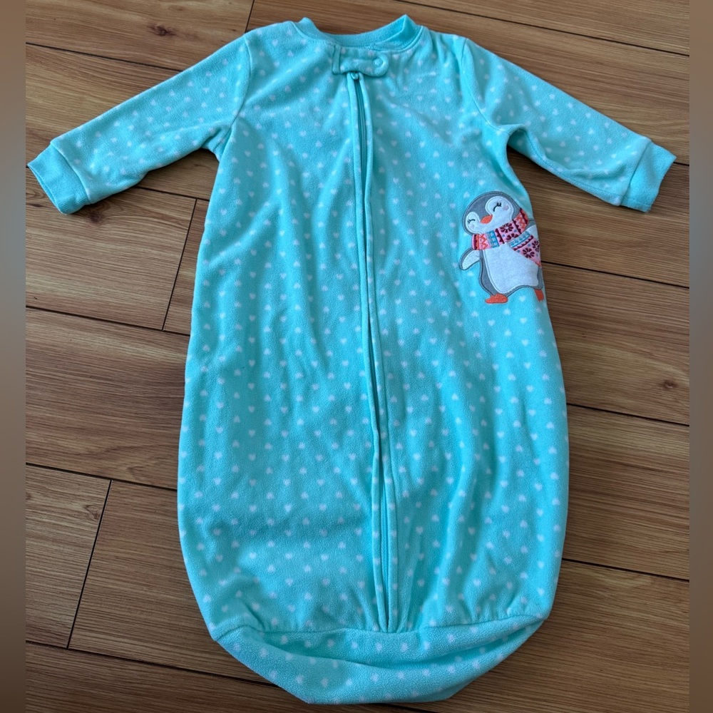 Carter's Light Blue Polka Dot Penguin Sleep Sack Long Sleeve Fleece 0-9 months